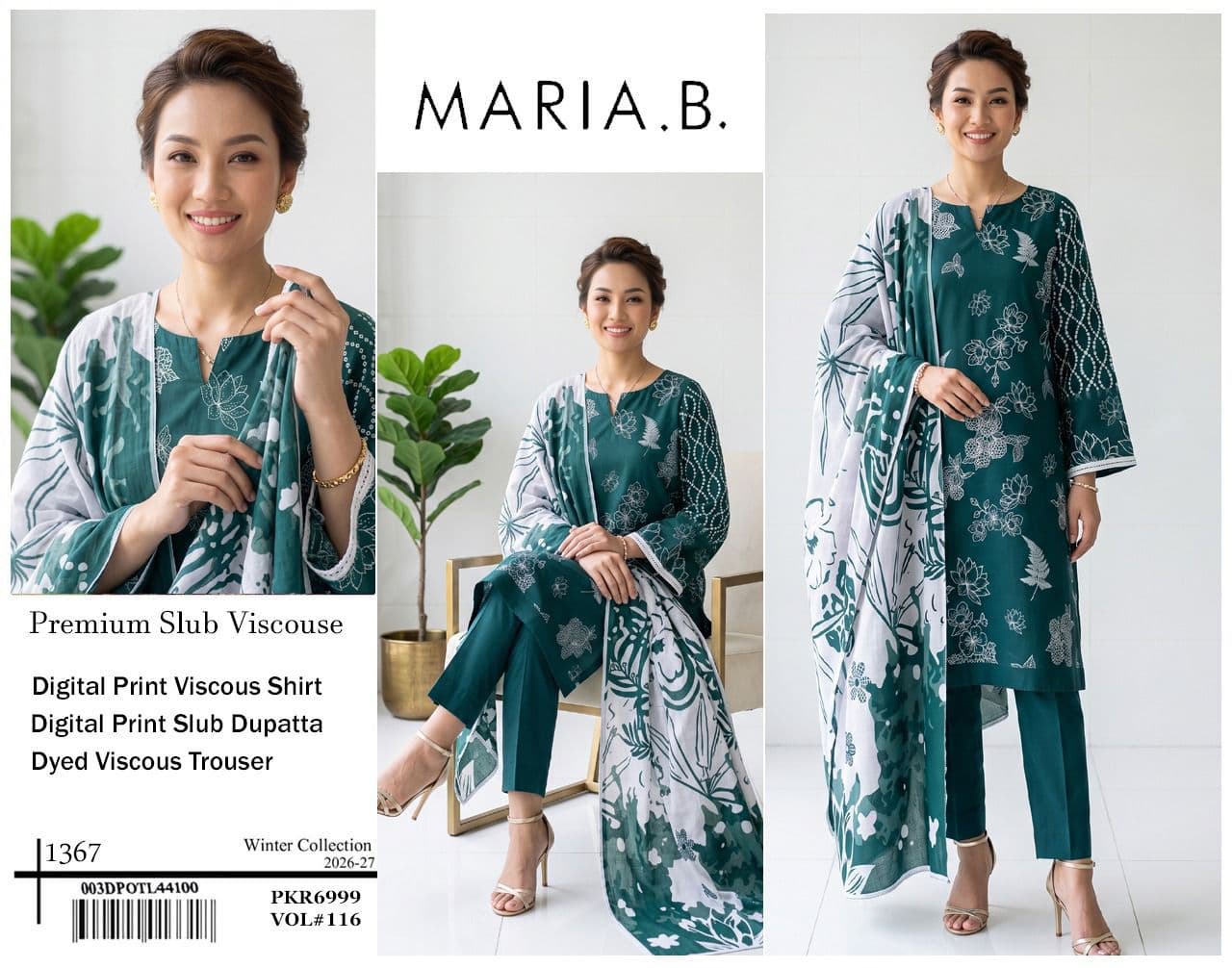 Maria B Premium Airjet Slub Viscose 3PC - Design 12