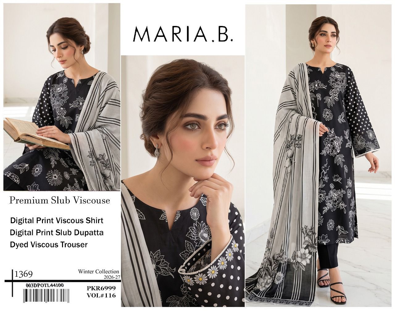 Maria B Premium Airjet Slub Viscose 3PC - Design 14